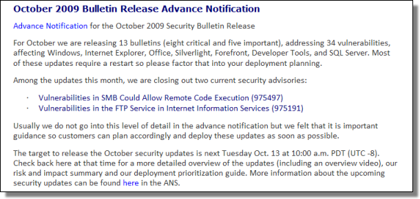 Advance Notification Bulletin, October 2009