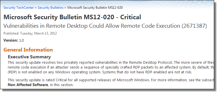 This security update resolves two privately reported vulnerabilities in the Remote Desktop Protocol.