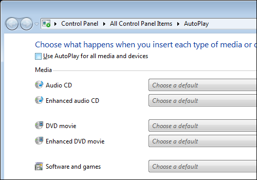 Windows 7 Control Panel, AutoPlay