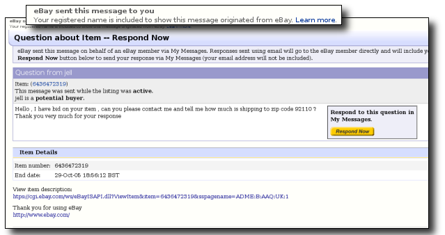 Screen shot of an eBay phish message