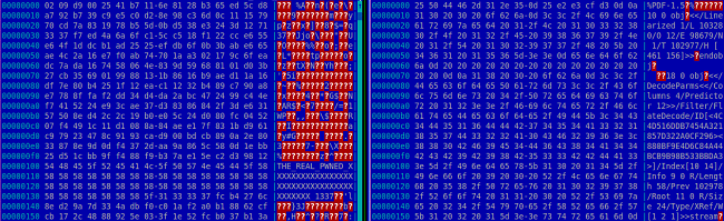 Screenshot of encrypted and decrypted file headers