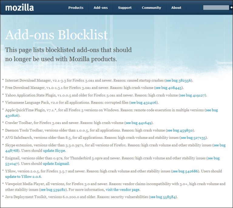 Firefox: Add-ons Blocklist