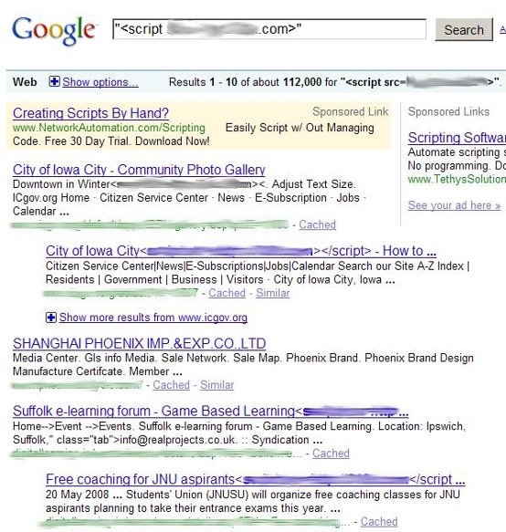 Google search results for SEO attack