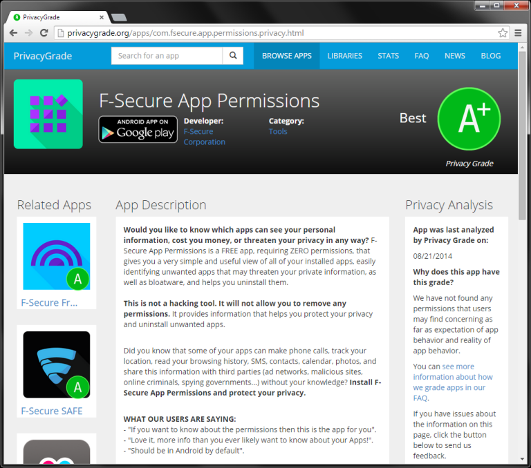 PrivacyGrade, F-Secure App Permissions A+