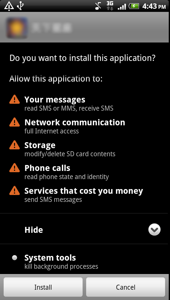 Riskware:Android/MobileTX.A Permissions