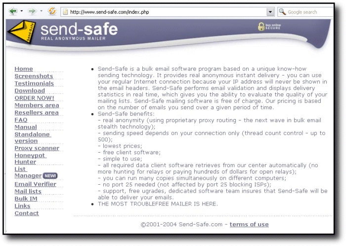 What www.send-safe.com used to look like.