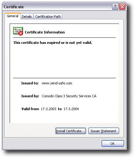 Fake SSL certificate used for the SSL connection of Send-Safe