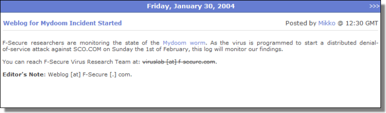 Weblog for Mydoom Incident Started