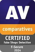 AV-Comparatives logo issued 2024 for “CERTIFIED Fake Shops Detection” by F-Secure.